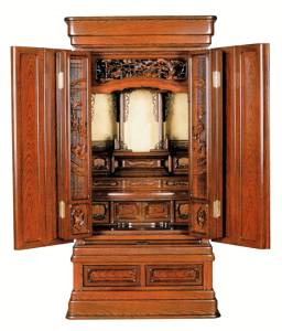 仏壇 唐木 ケヤキ調 百日草 ブローチ障子