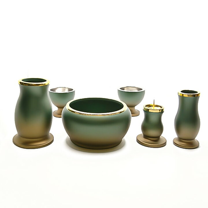 楽天市場 仏具 セット モダン おしゃれ ルミエ 仏具セット 緑茶マット 2 5寸 3 5寸 送料無料 モダン仏壇 ミニ仏壇 小型 ミニ 具足セット 真鍮製 花立 火立 香炉 仏器 仏飯器 仏茶器 仏壇 仏具 数珠 線香 ゴクラク堂
