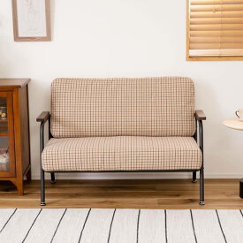 ソファ ソファー 2人掛け 幅110× 奥行63× 高さ75× 座面38 cm ( ソファー 2人掛け 2人用 おしゃれ スチール パイプ 黒 ブラック 木肘 アーム付き 肘付き 肘掛け付き コンパクト レトロ チェック柄 ベージュ グレー )
