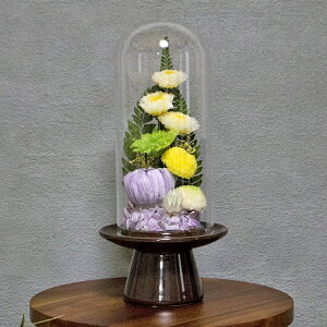 仏花 アレンジメント プリザーブドフラワー ガラスドーム型 お供え用の花 大きめ bd990 供養 ぶっか 菊 マムで構成しています