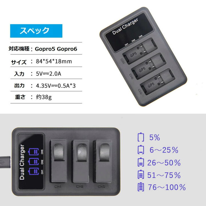 楽天市場】Gopro Hero5/6 USB充電器 3口充電器 AHDBT-501 Gopro Hero6 