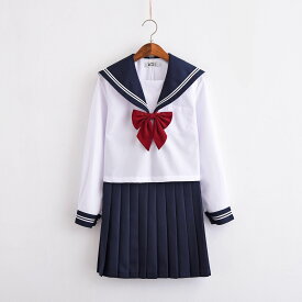 セーラー服 学生服 ハロウィン 3点セット 白色長袖＋ネイビースカート＋赤色蝶結び レディース 大人 セーラー服 セクシー コスチューム 女子制服 JK制服 コスプレ 高校生 可愛い 衣装 JK服 学園祭 プレゼント 文化祭 祭り イベント 女子制服