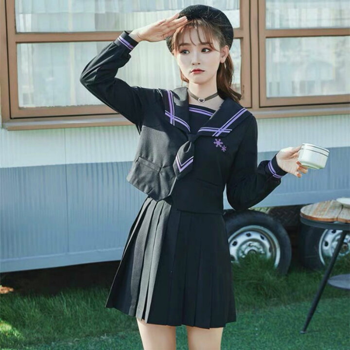 楽天市場 Sale新作 超人気デザイン ネクタイ付 ブラック 黒色 学生服 上下セット セーラー服 長袖 セーター別売有 女子制服 Jk制服 コスプレ 高校生 コスプレ可愛い レディース 衣装 学園祭 大人 クリスマス セーラー服 ハロウィン セクシー コスチューム衣装 Haru2