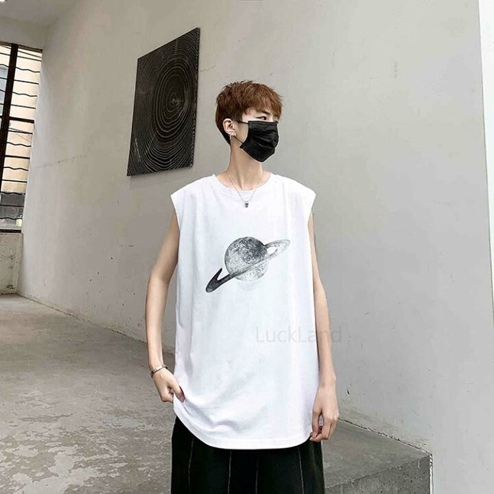 楽天市場 男 ジュニア Tシャツ ノースリーブ タンクトップ メンズ ファッション シンプル おしゃれ カットソー 袖なし 夏 無地 月模様 白 黒 普段着 私服 インナー カップルコーデ 通学 外出 海 撮影 運動 袖なしティーシャッツ Luckland