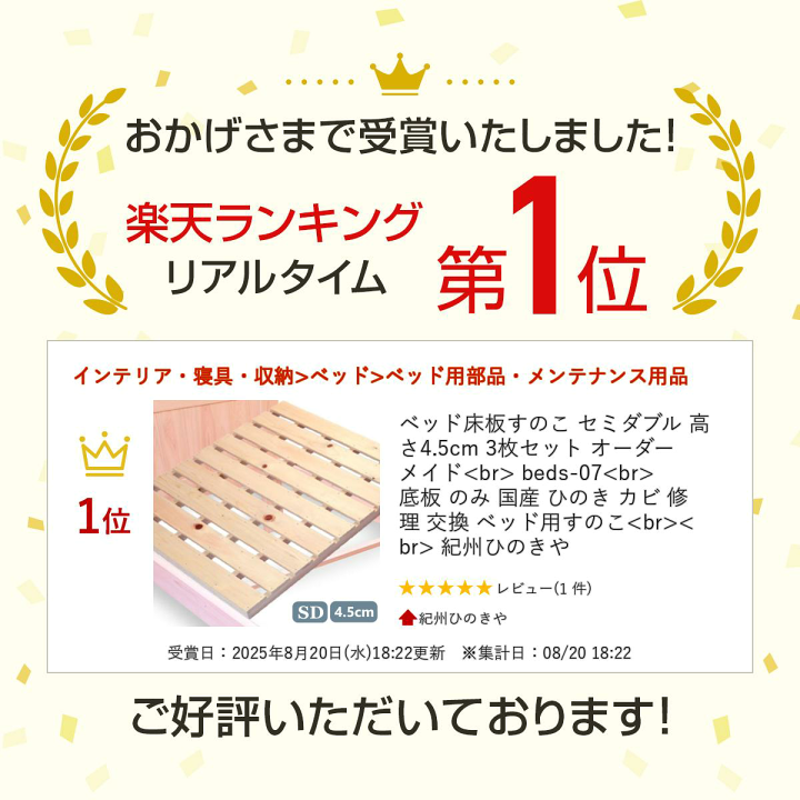 楽天市場】ベッド床板すのこ セミダブル 高さ4.5cm 3枚セット オーダー 