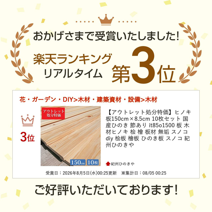 楽天市場】【アウトレット処分特価】ヒノキ板 150cm×8.5cm 10枚セット