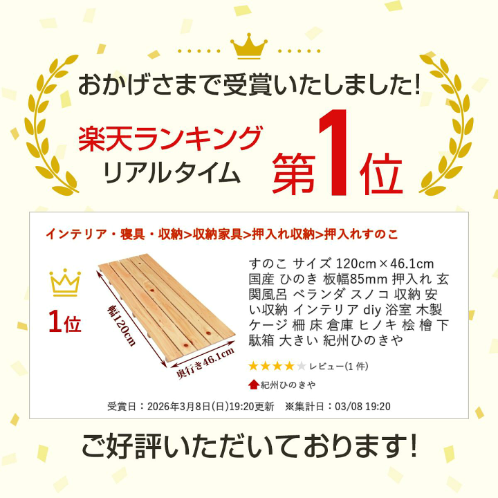 楽天市場】すのこ サイズ 120cm×46.1cm 国産 ひのき 板幅85mm 押入れ