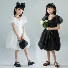 送料無料 ワンピース 女の子 半袖 お姫様ドレス パフスリーブ ワンピース 夏 新品 韓国子供服 キッズ チュールスカート 演奏会 パーティー 入学式 卒業式 発表会 七五三 ドレス おしゃれ 可愛い ホワイト ブラック 100 110 120 130 140 150 160