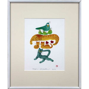 絵画 山内ジョージ リトグラフ 版画 『愛』 動物 猫 鳥 可愛らしい 温もり 美術品 アート やまうちじょーじ