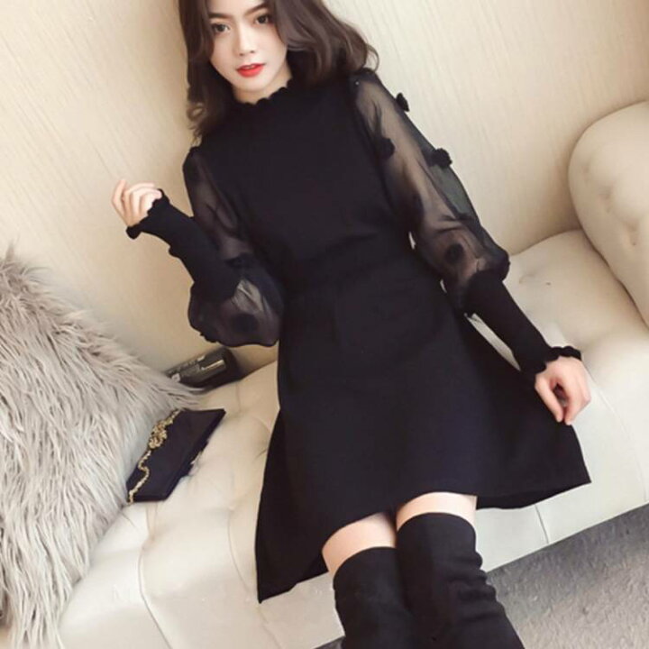 楽天市場 大きいサイズ フレアワンピース シースルー 切替 ミニワンピース レディース ニットワンピース ニットソー 春秋 ショート丈ワンピース ショート丈 おしゃれ キレイめ 大人可愛い セーター バルーン袖 ポンポン フリル 通学 通勤 着痩せ Atic