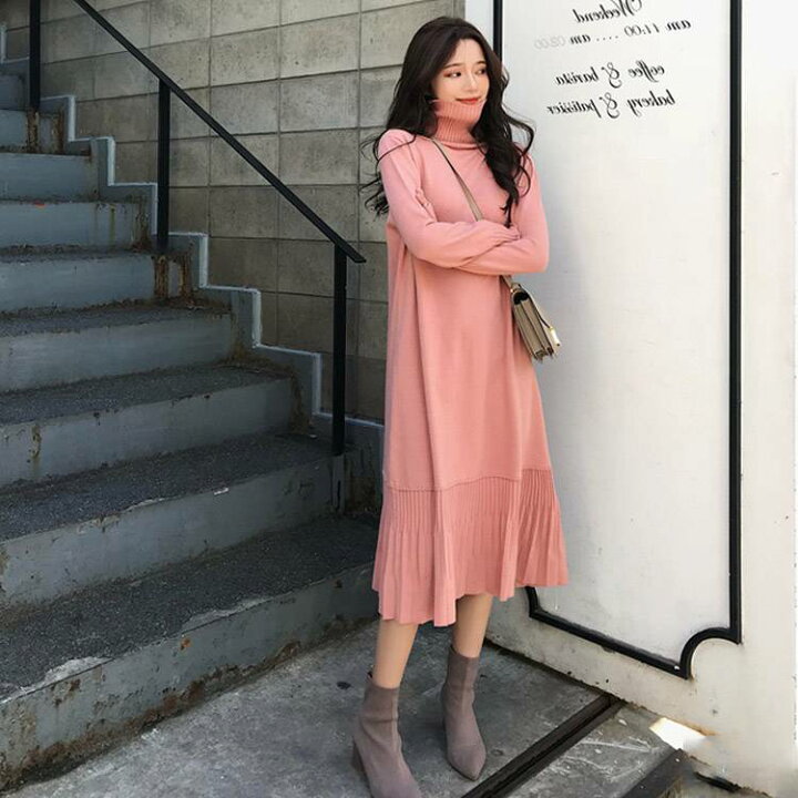 楽天市場 ワンピース プリーツワンピース ニットワンピース マキシワンピース ミモレ丈 レディース タートルネック ゆったり 長袖ワンピース セーター ニット ロングワンピース マタニティー プリーツ 体型カバー インナー 秋冬 Atic