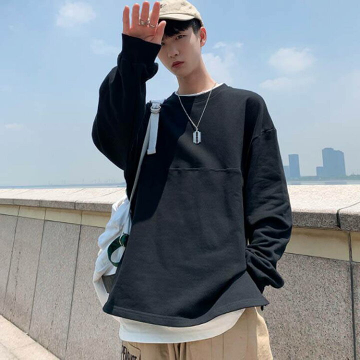 楽天市場 トレーナー パーカー Tシャツ メンズ 長袖 スウェット トップス 重ね着風 フェイクレイヤード プルオーバー ロンt 長袖tシャツ パーカ ゆったり 切替 春秋 ペアルック レディース スリット入り ストリート系 アメカジ Atic