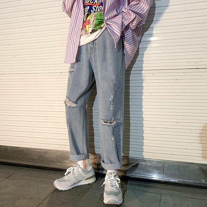 楽天市場 ストレートパンツ デニムパンツ ワイドパンツ メンズ ダメージ ジーンズ ボトムス ダメージデニム バギーパンツ かっこいい ファッション 秋服 秋 秋冬 アメカジ ストリート系 ゆるカジ Atic