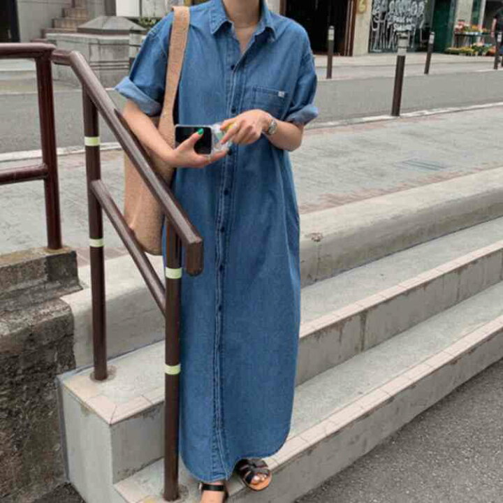 楽天市場 シャツワンピース デニム ワンピース ロングワンピース マキシ丈 レディース デニムマキシワンピース ロング丈 羽織り ワンピース アウター 春秋 ゆったり ドロップショルダー 大きいサイズ Atic