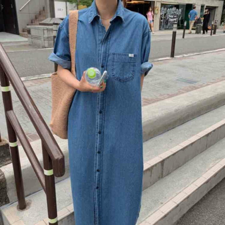 楽天市場 シャツワンピース デニム ワンピース ロングワンピース マキシ丈 レディース デニムマキシワンピース ロング丈 羽織り ワンピース アウター 春秋 ゆったり ドロップショルダー 大きいサイズ Atic