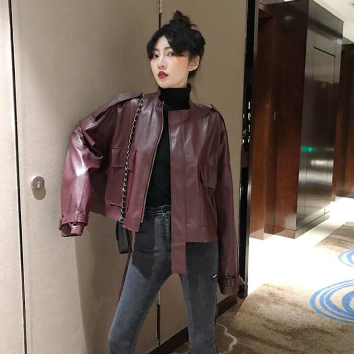 楽天市場 Puレザー ノーカラー レディース ライダースジャケット メンズライク ゆったり アウター 革ジャン ショート丈 フェイクレザー オーバーシルエット レザージャケット Puジャケット 袖ベルト付き Atic