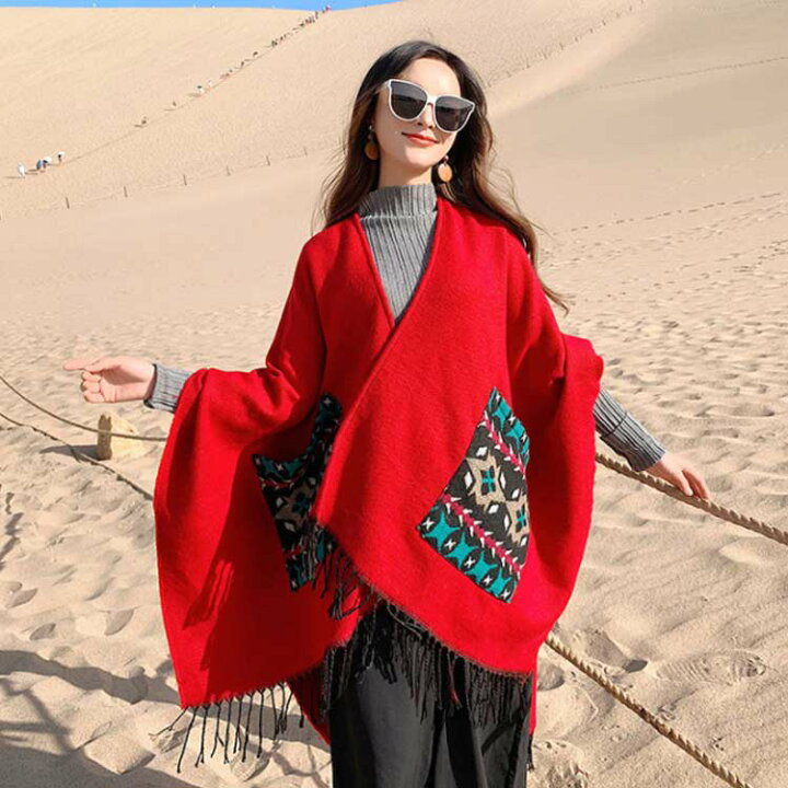 S9ddf9bf45df340bfaf078e43f1b7b3cdd.jpg [Movni] 100%純ウール厚手ショールポンチョ レディースオープンカラー アウトウェア 保温性 肌触りソフト 蝙蝠袖 秋冬用ミ