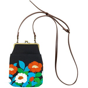 亥之吉 4寸縦型ポシェットがま口 べにつばき 黒 紅椿 花柄 調節できる合皮ショルダー付き ミニショルダーバッグ オリジナルテキスタイル 大きめスマートフォンポーチ 和柄 和モダン ギフト