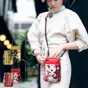 亥之吉 4寸縦型ポシェットがま口 しょくぶつえん 植物園 ボタニカル 調節できる合皮ショルダー付き ミニショルダーバッグ オリジナルテキスタイル 大きめスマートフォンポーチ 和柄 和モ