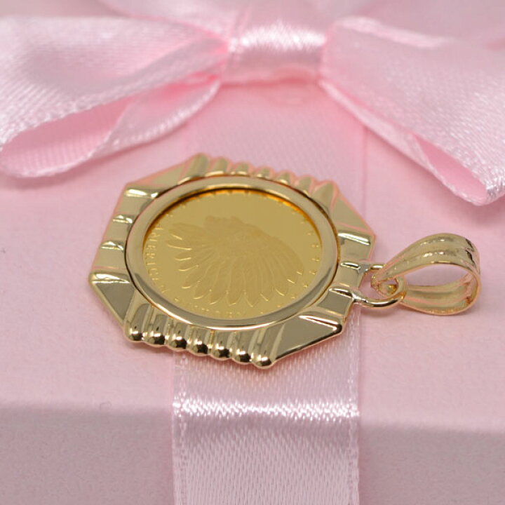 24金】純金K24イーグルペンダントトップ インディアン K18 コイン#2 【24金】K24コインペンダント インディアン＆コンドル 枠K18 18金 新品