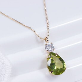 K18 1ct ペリドットペンダント ペアシェイプ ダイヤ 0.1ct 18金 45cm 8月誕生石　ギフト　結婚式