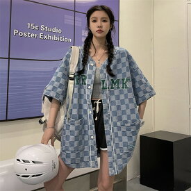 送料無料 デニム ベースボールシャツ 半袖 シンプル 大きいサイズ シンプル 韓国 ダンス衣装 ストリート 青