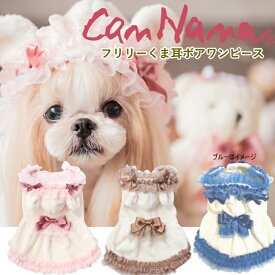 犬服冬物 ドッグウェア ワンピース 秋冬 【きゃんナナ】フリリーくま耳ボアワンピース SS-Lサイズ 袖アリ 小型犬 パーカー 小型犬 ピンク ブラウン ホワイト ブルー　プードル チワワ マルチーズ フード付き