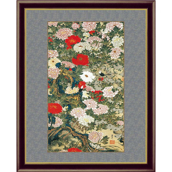 楽天市場 伊藤若冲 動植綵絵 牡丹小禽図 額 美術品 インテリア レプリカ グッズ アートの友社 光ネット組合 楽天市場店