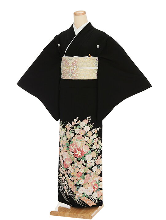 楽天市場】黒留袖 レンタル おすすめ 正絹 4416 波にピンク花 女性和服 