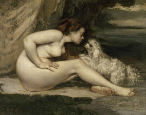 油絵 油彩画 絵画 複製画 ギュスターヴ・クールベ 裸婦と犬 F10サイズ F10号 530x455mm すぐに飾れる豪華額縁付きキャンバス
