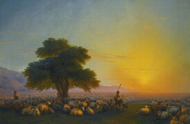 絵画 インテリア 額入り 壁掛け複製油絵イヴァン・アイヴァゾフスキー 夕暮れの羊飼いとその群れ 油彩画 複製画 選べる額縁 選べるサイズ