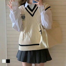 スクールベスト ニット レディース ベスト 女子 高生 スクール 制服 学生服 Vネック レイヤード 異素材 重ね着 切り替え配色 ライン入り プルオーバー カットソー トップス シンプル 着痩せ 美ライン ベーシック 韓国 秋冬 通勤 OL