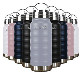 JINLING 魔法瓶 スポーツボトル 真空断熱 保冷保温 大容量 水筒 ステンレス鋼304 直飲み 0.6/1リットル (グレー, 600ml)