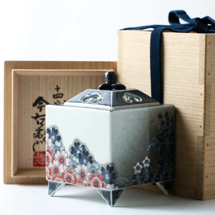 楽天市場】十四代 今泉今右衛門 色絵雪花墨色墨はじき桜文 香炉 共箱  