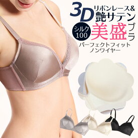 ＼10％OFFクーポン☆FASHIONフェア／100％シルク ノンワイヤー ブラジャー サテン 超軽量 スカラップチュール シームレス 立体カップ リボンレース 3/4カップ 下垂防止 4色 送料無料 80B ctbra kinu50 fts40