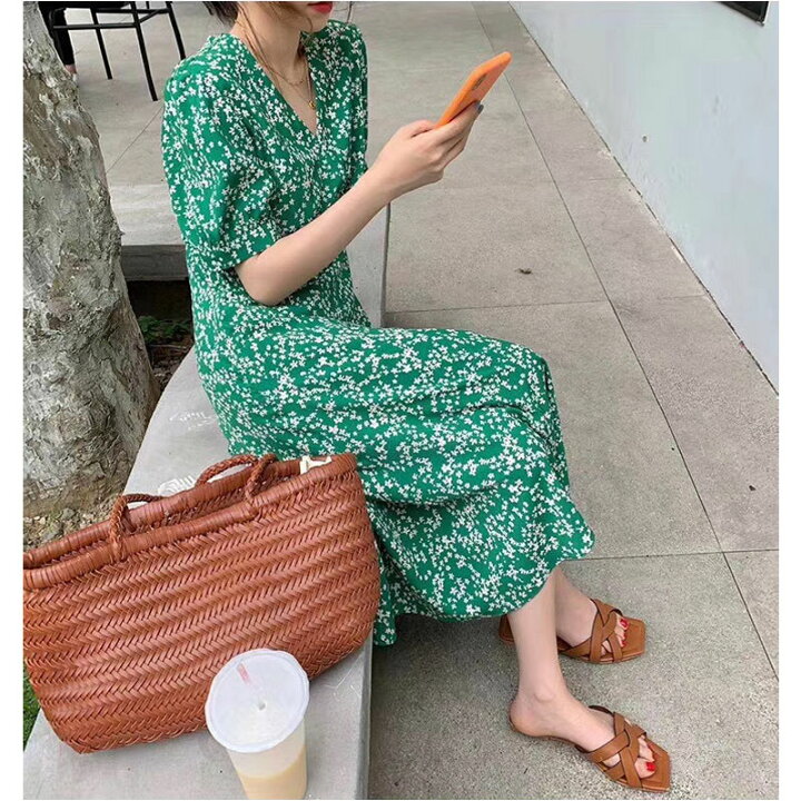楽天市場】小花柄ワンピース グリーン ロングワンピース フラワー 