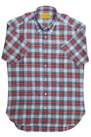 メンズ カジュアルシャツ 半袖 グレンチェック リネン100％ レギュラーカラー スナップダウン レッド ヒッキーフリーマン M L XL