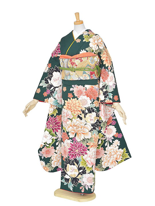 グリーン振袖フルセットお花大柄豪華正絹