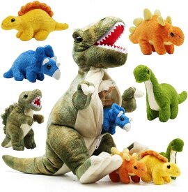 Prextex 恐竜のぬいぐるみ セット (約38cmの恐竜と5つの小さな恐竜)ティラノサウルス トリケラトプス ブラキオサウルス Tレックス ステゴサウルスなど やわらかい 抱っこ キッズ用おもちゃ 女の子 男の子 子ども 子ども かっこいい かわいい 収納 誕生日 クリスマス