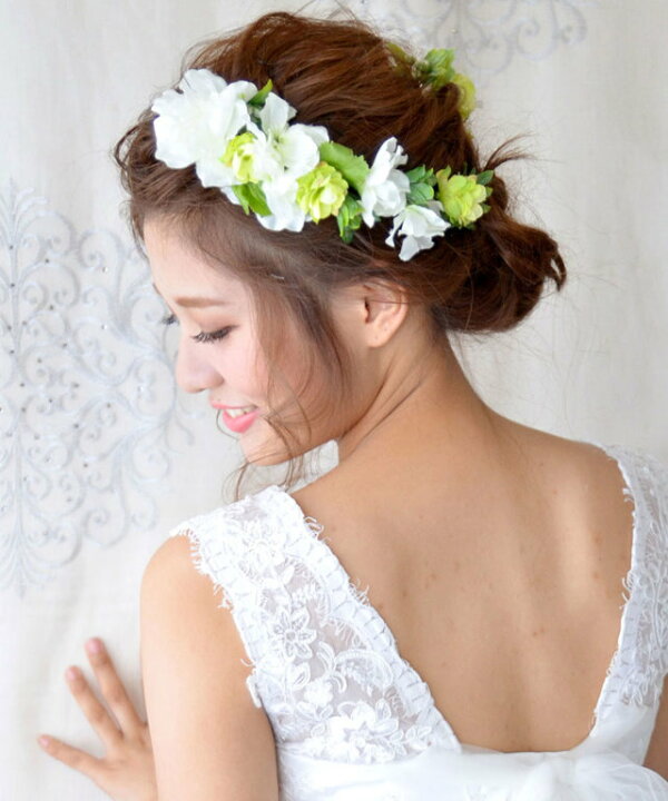 楽天市場 花冠 ヘッドドレス ホワイトデルフィニュームとポップ ２パーツ 造花 花かんむり ウェディング 髪飾り 花嫁 ウエディング ブライダル 結婚式 海外挙式 ハワイ婚 前撮り 花 花飾り 緑 グリーン 白 ホワイト カラードレス ウエディングドレス おしゃれ