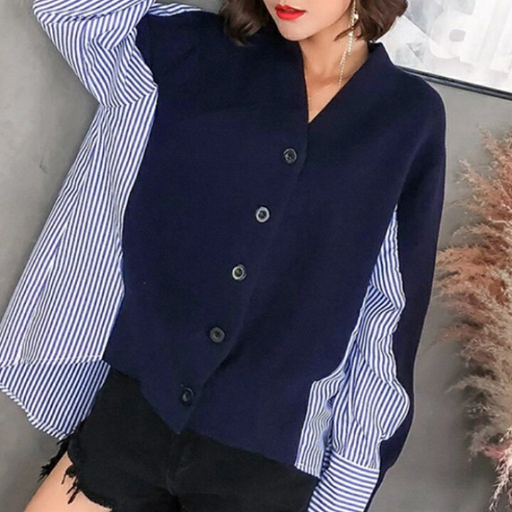 楽天市場 宅配便送料無料 異素材 Vネック カーディガン ストライプシャツ ニットカーディガン レディース 重ね着風 営業日で発送予定 レスペランス