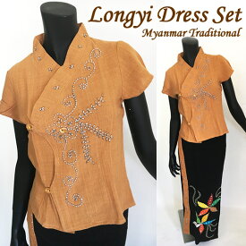 OUTLET★ミャンマー民族衣装☆ロンジー セットブラウン×ブラックトップスと巻きスカート2点セット