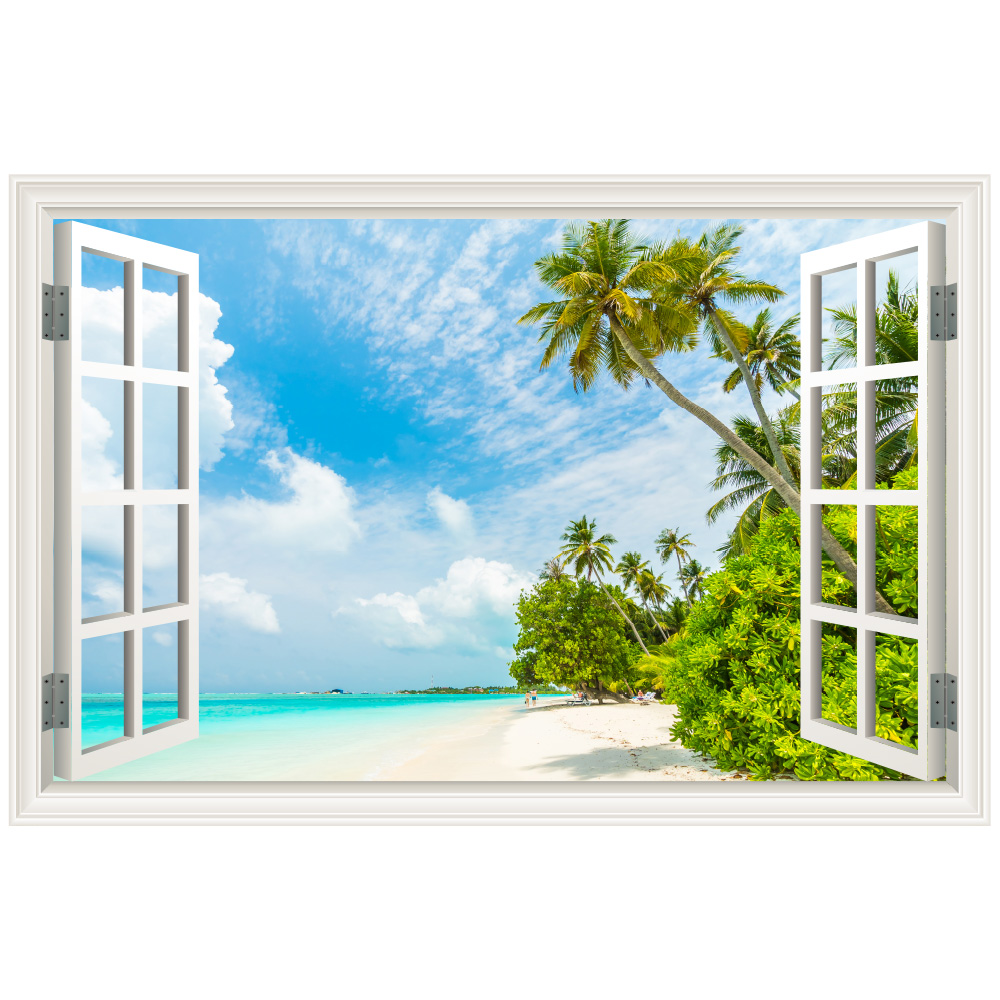 ウォールステッカー 窓枠 ビーチ 椰子 日本製 MU3 壁紙 シール 海岸 波 空 夏 ポスター
