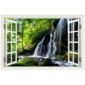 ウォールステッカー 滝 川 木々 窓枠 日本製 MU3 壁紙 シール 森 グリーン 新緑 自然 風景 景色 旅行 写真 ポスター 絵画 インスタ