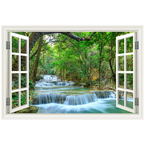 ウォールステッカー 滝 川 窓枠 日本製 植物 木 森林 水 自然 壁紙 シール ポスター 絵画 お風呂 浴室 DIY リフォーム リメイク