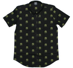Queen / Crest Pattern Button Down Short Sleeve Shirt (Black) - NC[ {^_E Vc