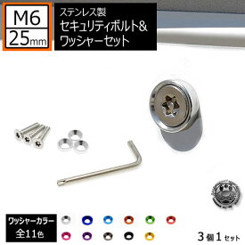 ステンレス製 セキュリティーボルト ワッシャー M6 25mm 3個セット 全11色 自光式 電光式 ナンバー 等に 専用工具 付 ナンバーボルト ナンバープレート ロック M6×25 盗難 いたずら 防止 防犯 盗難防止 タンパープルーフ シルバー 車 バイク レンチ エムトラ