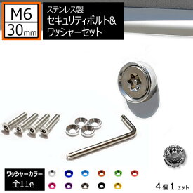 ステンレス製 セキュリティーボルト ワッシャー M6 30mm 4個セット 全11色 専用工具 付 自光式 電光式 ナンバー 等に ナンバーボルト ナンバープレート ロック M6×30 盗難 いたずら 防止 防犯 盗難防止 タンパープルーフ シルバー 車 バイク レンチ エムトラ