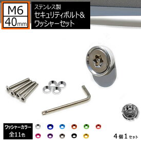 ステンレス製 セキュリティーボルト ワッシャー M6 40mm 4個セット 全11色 専用工具 付 ナンバーボルト ナンバープレート ロック 自光式 電光式 ナンバー 等に M6×40 盗難 いたずら 防止 防犯 盗難防止 タンパープルーフ 車 バイク レンチ エムトラ