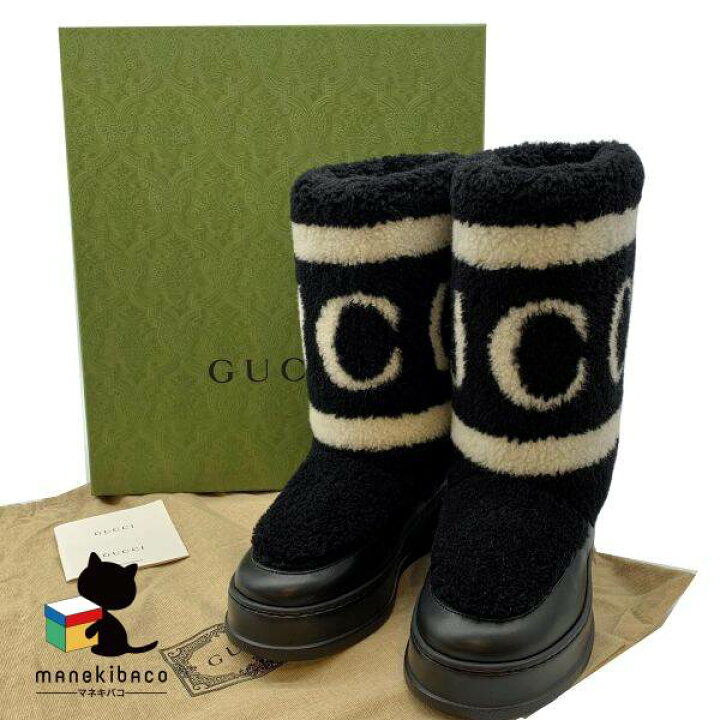 楽天市場】グッチ GUCCI ブラック ファー ブーツ 黒 白 ブラック  